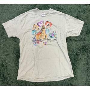 Vintage 1997 Boston Cityscape Graphic T-Shirt Men's XL Hanes Beefy-T Sage Green